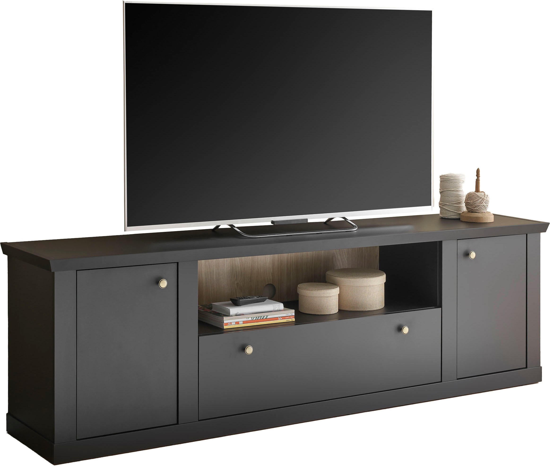 Home affaire Lowboard »Lincoln, moderner TV-Schrank, schwarze Kommode, TV-Unterschrank« edles Design, messingfarbene Knopfgriffe, in 2 Größen verfügbar