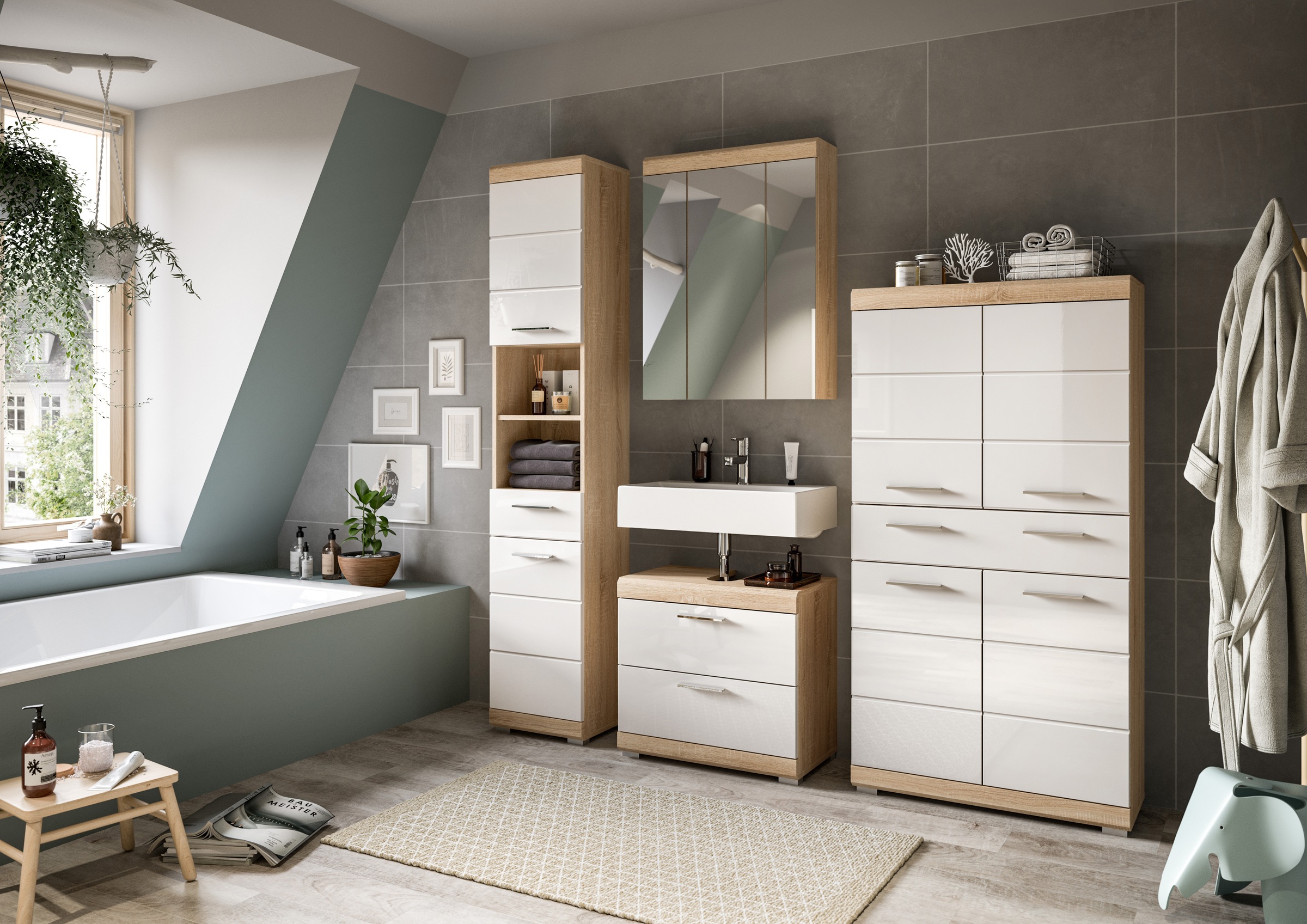 INOSIGN Badmöbel-Set »Siena, 4 teilig, bestehend aus:«, (Set), Hochschrank, Waschbeckenunterschrank, Spiegelschrank, Midischrank