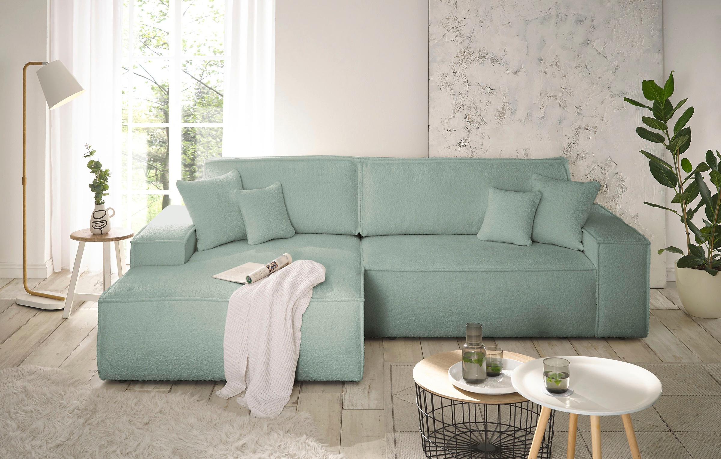 andas Ecksofa »Finnley Schlafsofa 267 cm in Bouclé, Struktur fein u. Cord, L-Form,«, Schlaffunktion m. Bettkasten (136/210 cm), Bouclé, Struktur und Cord