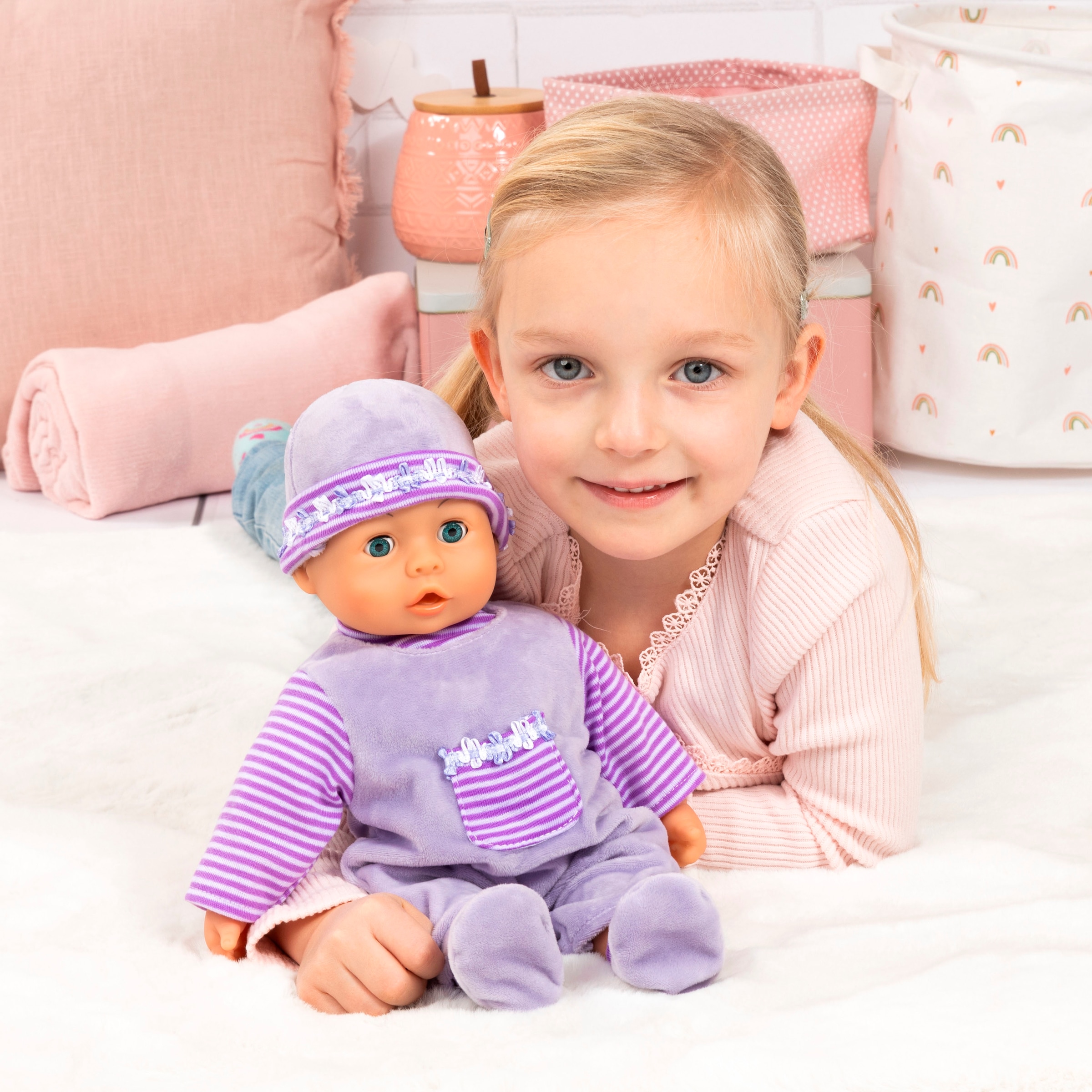 Bayer Babypuppe »First Words Baby, 38 cm, lila«, (3 tlg.), mit Schlafaugen und Babygeräuschen