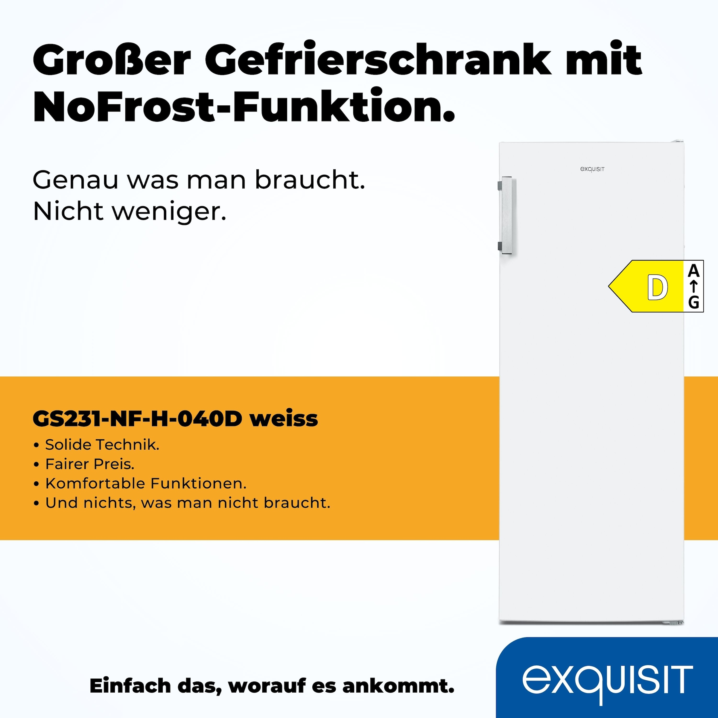 exquisit Gefrierschrank »GS231-NF-H-040D weiss«, 143 cm hoch, 54 cm breit, 161 Liter Nutzinhalt, NoFrost, Schnellgefrieren