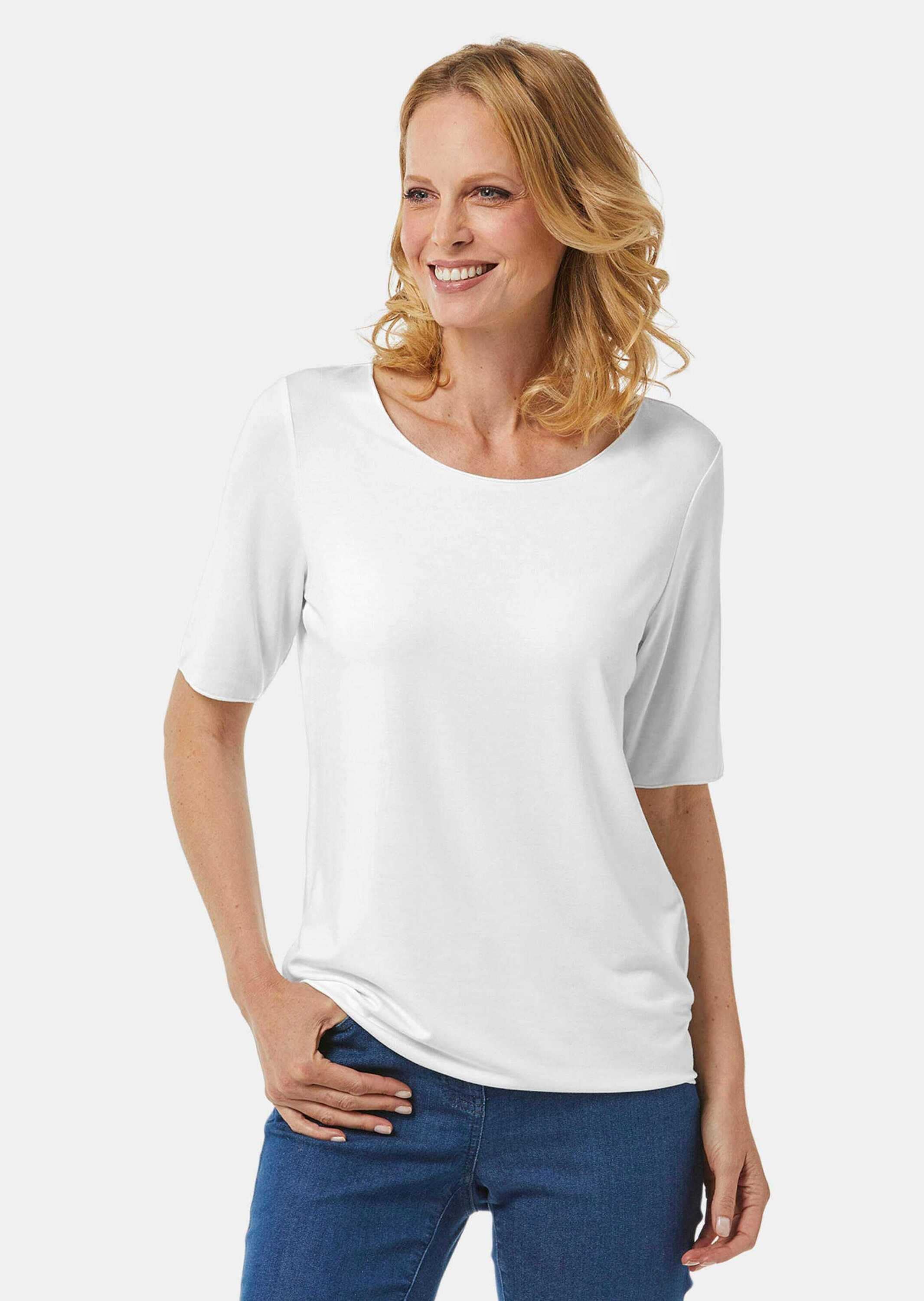 GOLDNER Langarm-Poloshirt »Rundhalsshirt Kombistarkes Halbarmshirt mit tonaler Zierkante«