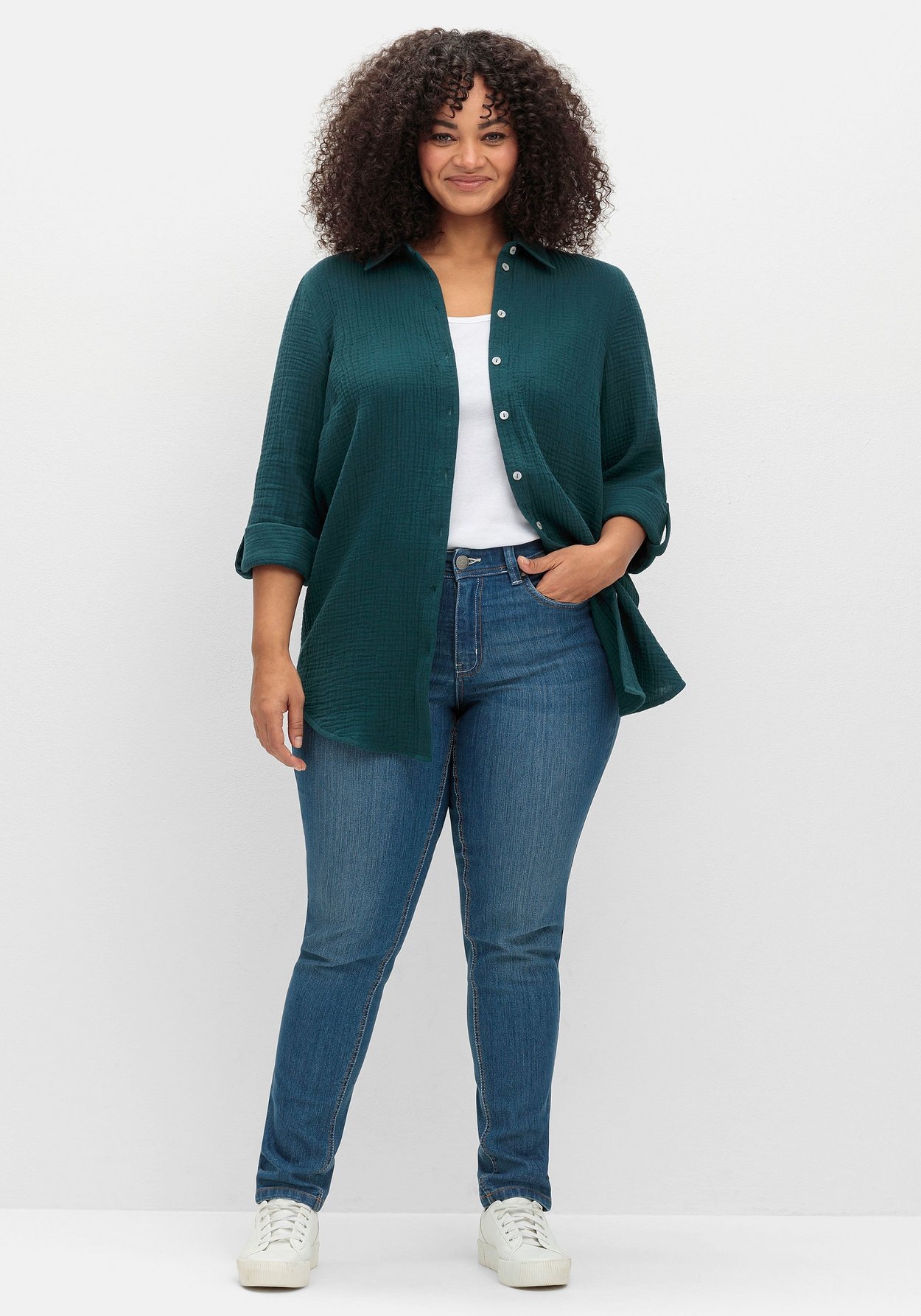 Sheego Hemdbluse »Musselin-Bluse aus Baumwolle, mit Krempelärmeln«