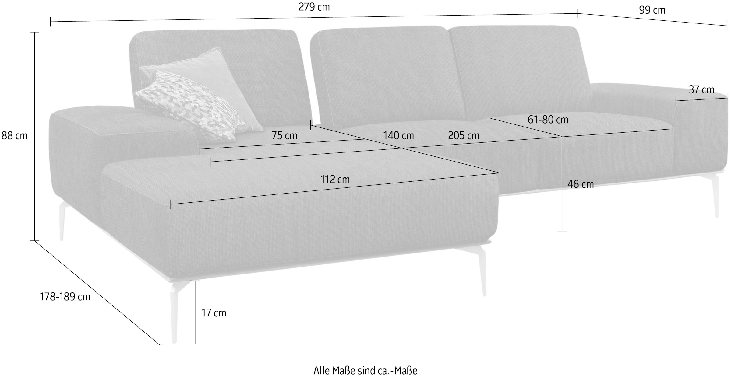 W.SCHILLIG Ecksofa »run, Designsofa mit tollem Sitzkomfort, bequem, L-Form«, mit Holzsockel, Füße in Bronze pulverbeschichtet, Breite 279 cm