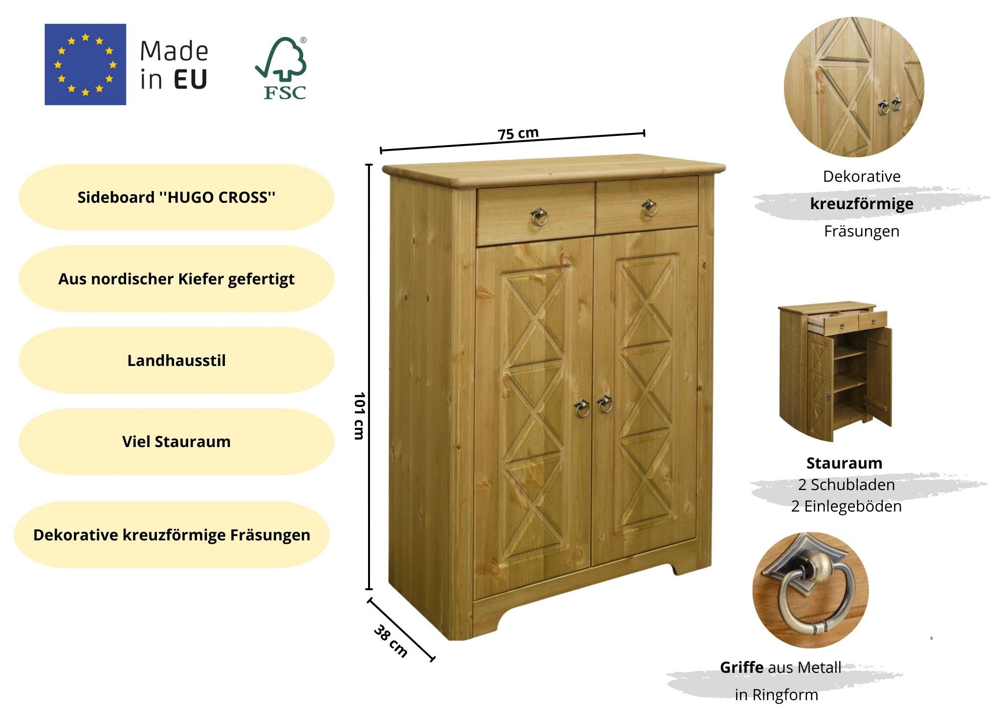 OTTO home Kommode »Hugo« B/T/H: 74/38/100 cm,  aus massiver Kiefer, Breite 74 cm,  2 Schubladen, FSC® zertifiziert