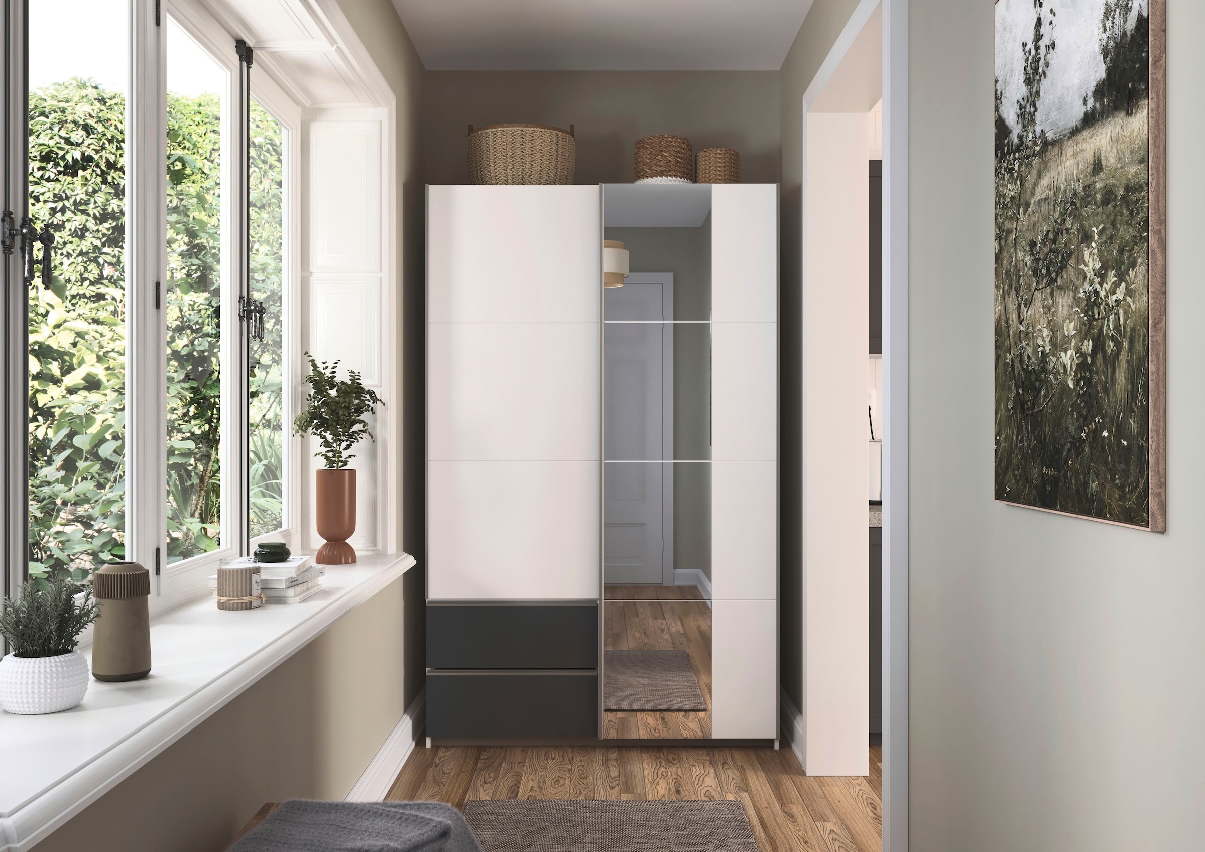 rauch Schwebetürenschrank »Kleiderschrank Schrank Garderobe Wäscheschrank SEVILLA mit Spiegel«, (in 3 verschiedenen Ausstattungen BASIC/CLASSIC/PREMIUM), Metall-Griffleisten alufarben oder Graumetallic MADE IN GERMANY