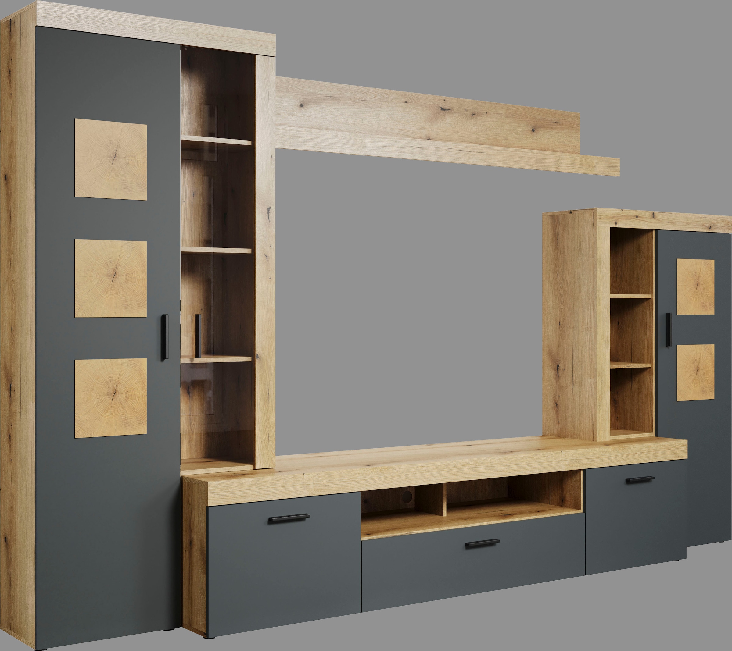 Home affaire Wohnwand »Ghent«, (Komplett-Set, 4 St.), Mit Hirnholzapplikationen - Aufgebaut (B/T/H): 331/52/206 cm