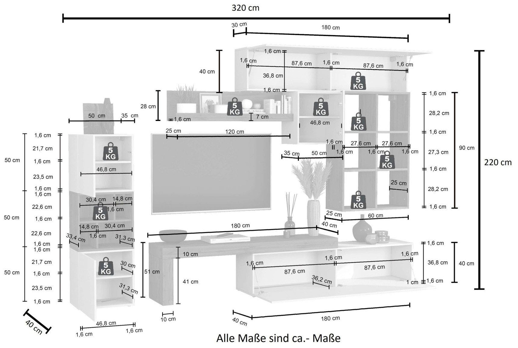INOSIGN Wohnwand »Chronos Wohnwand, Medienwand, 8-er set« 8 Stk. tlg.