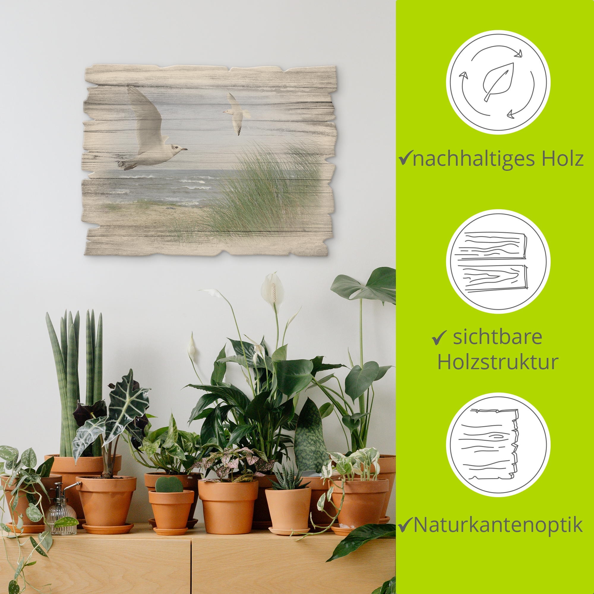 Artland Holzbild »Nordseestrand mit Möwen« Strand 1 Stk. tlg.