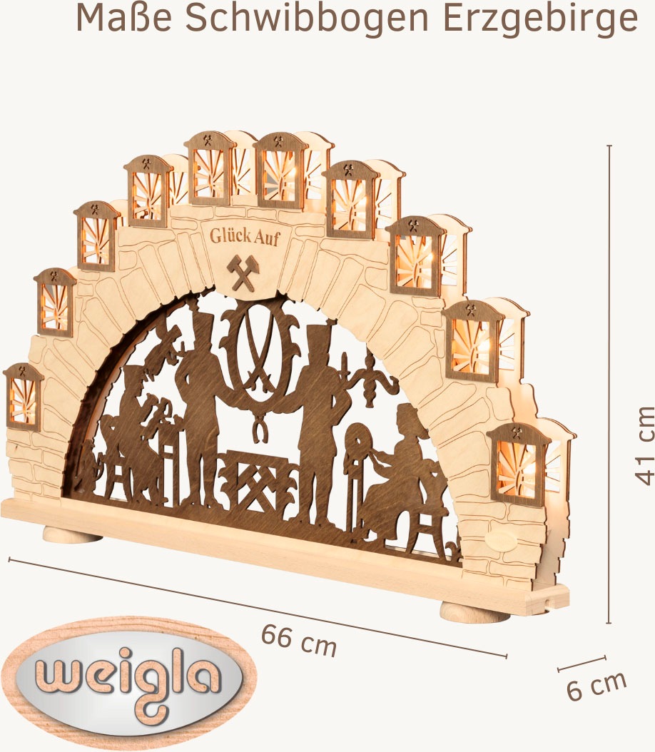 Weigla LED Schwibbogen »Erzgebirge, Bergmann, Lichterbogen aus Holz, NATUR-BRAUN«, Erzgebirge garantiert, Weihnachtsdeko Innen, Weihnachtsbeleuchtung