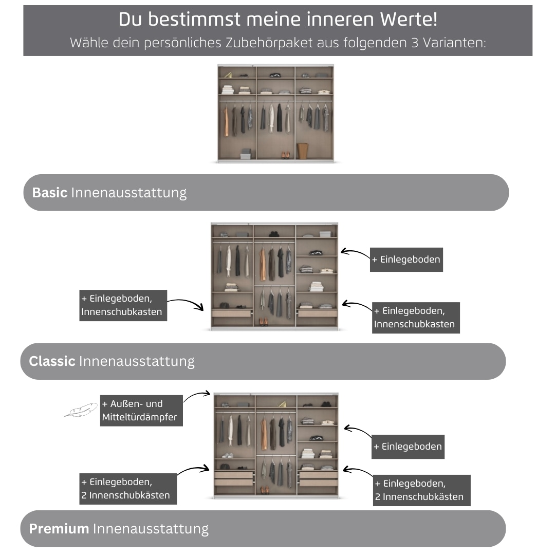 rauch Kleiderschrank »Schwebetürenschrank OTTO´s Choice Garderobe Schrank TOP ANGEBOT Avola«, (in 3 verschiedenen Ausstattungen BASIC/CLASSIC/PREMIUM), mit eleganten Zierleisten in Chrom, Schwarz oder Weiß MADE IN GERMANY