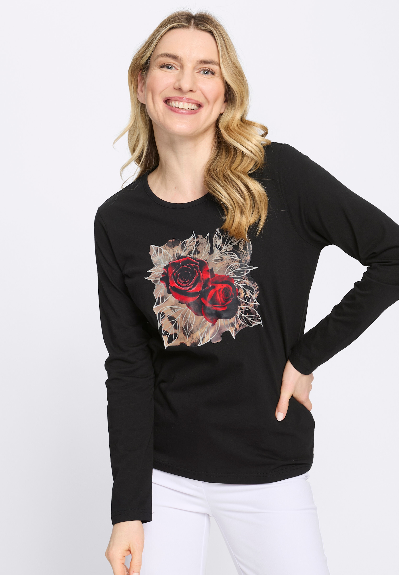 Sieh an! T-Shirt »Langarm-Shirt Langarmshirt mit platziertem Rosen-Leo-Print«