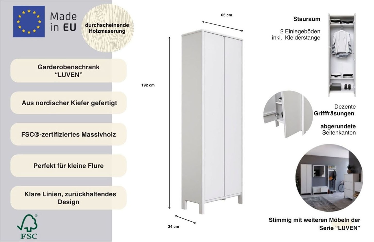 OTTO home Garderobenschrank »Luven« FSC®-zertifiziertes Massivholz, Höhe 192 cm