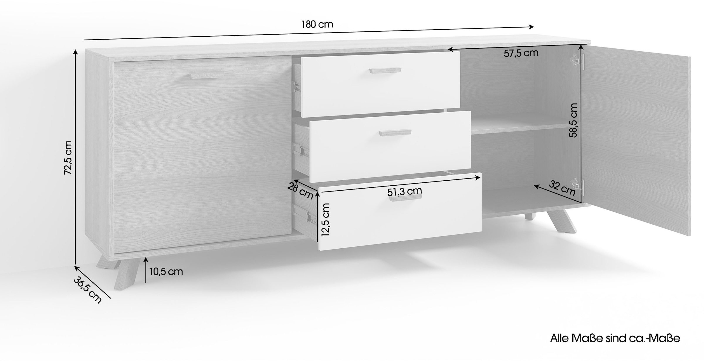 byLIVING Sideboard »Bastian« 1 Stk. tlg. mit massiven Holzfüßen und Griffen, natürlicher Eichenlook, 180cm