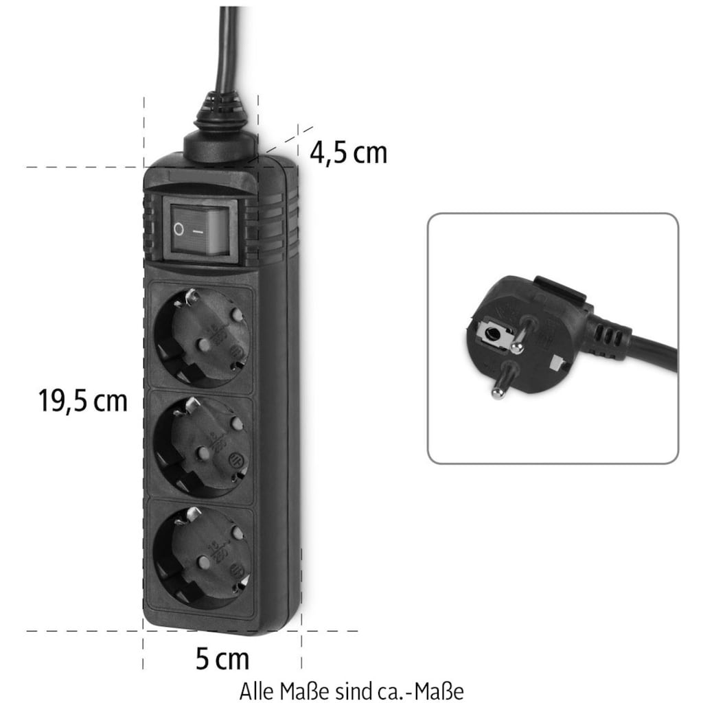 Hama Steckdosenleiste »Steckdosenverteiler, 3-fach, mit Schalter, 5 m, Schwarz«, 3-fach, (Kabellänge 5 m)