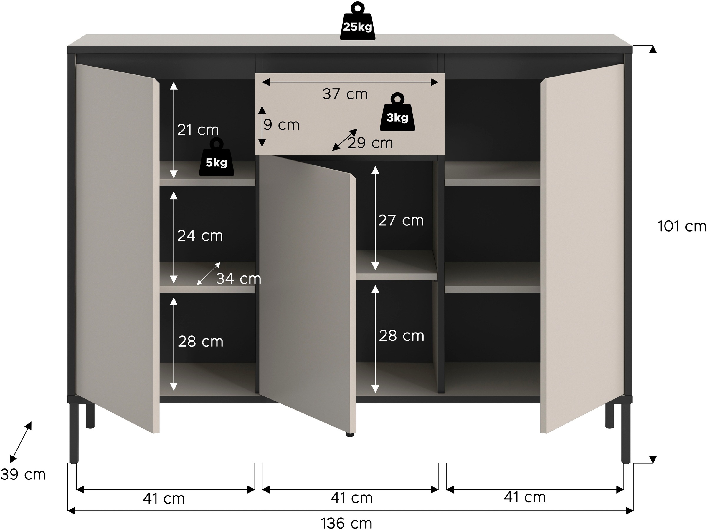 Home affaire Sideboard »NORT, Höhe: 101cm, mit Metall Stabfuß, 3 Türen, 1 Schubkasten« Anrichte, Kommode, Schrank, Board, Higboard