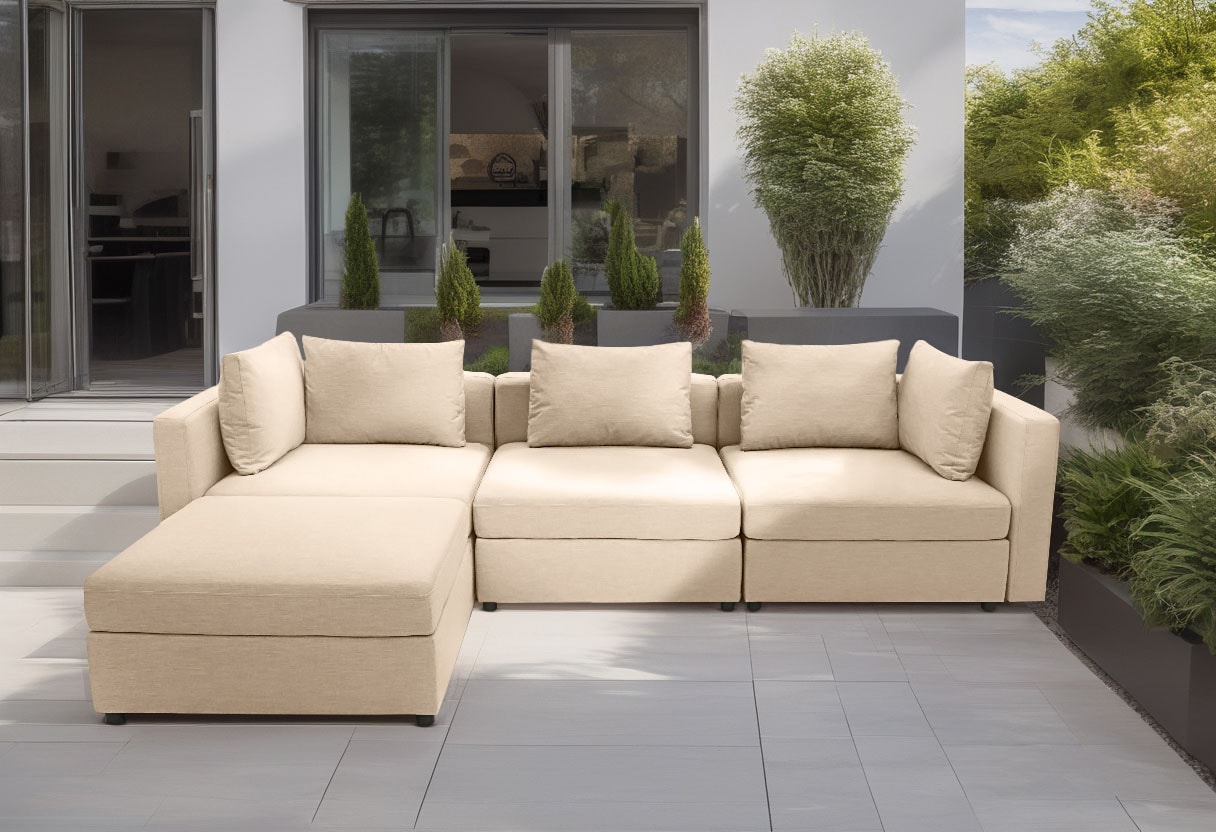 DOMO collection Sofa-Eckelement "Solskin, individuell erweiterbar/kombinierbar" mit losen Kissen. Rücken- und Seitenteile als Stecksystem.