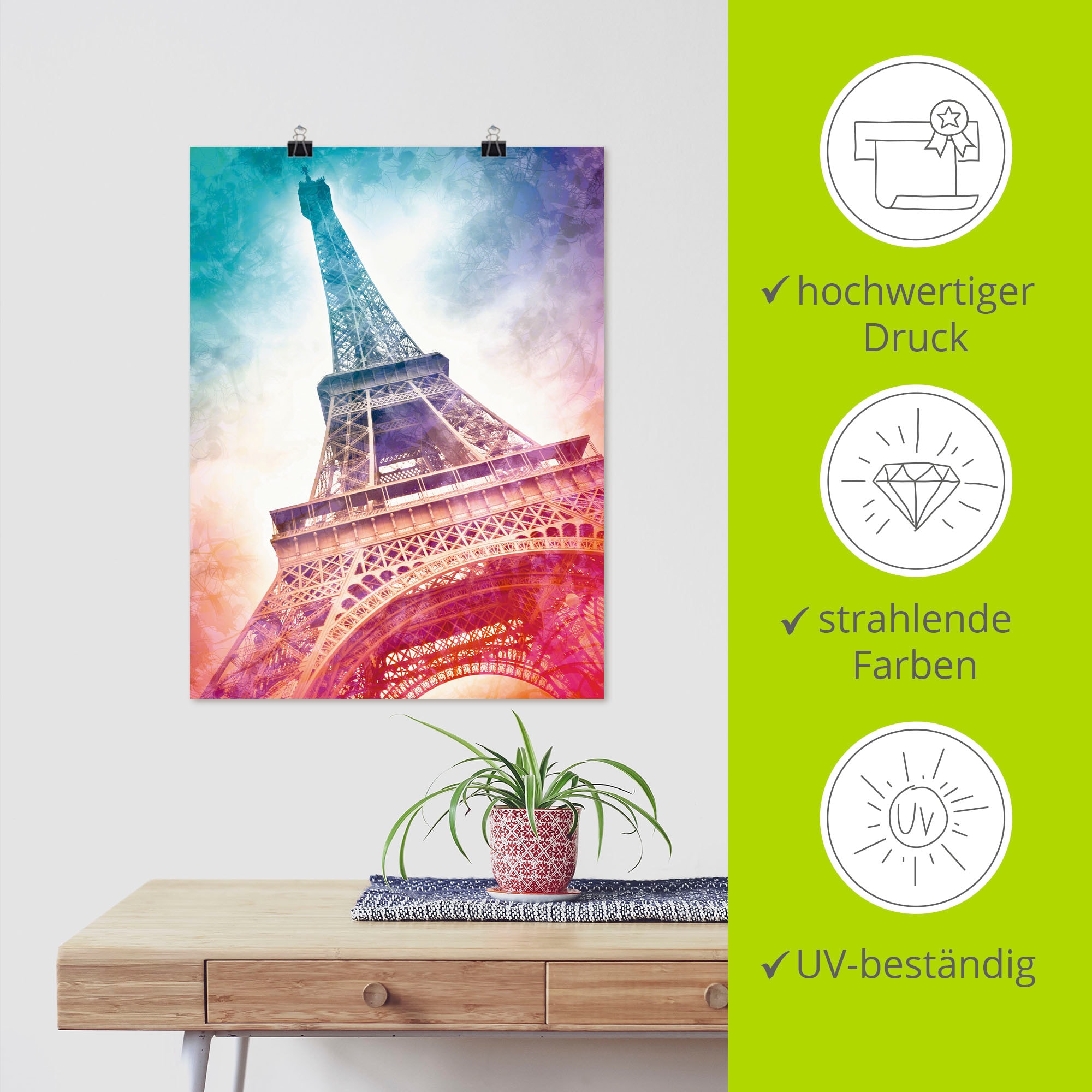 Artland Poster »Paris Eiffelturm II«, Gebäude, (1 St.), als Alubild, Leinwandbild, Wandaufkleber oder Poster in versch. Größen