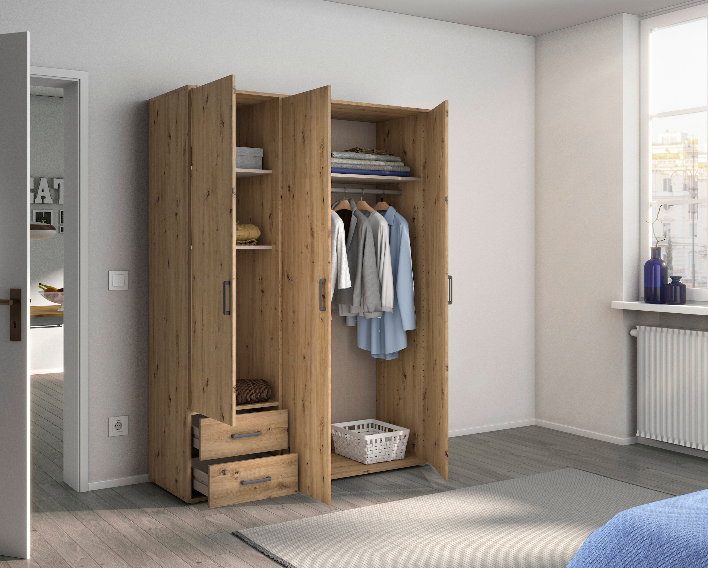 rauch Drehtürenschrank »Kleiderschrank Schrank Garderobe Wäscheschrank VOYAGER«, moderne Griffe in Graumetallic mit Außenschubkästen MADE IN GERMANY