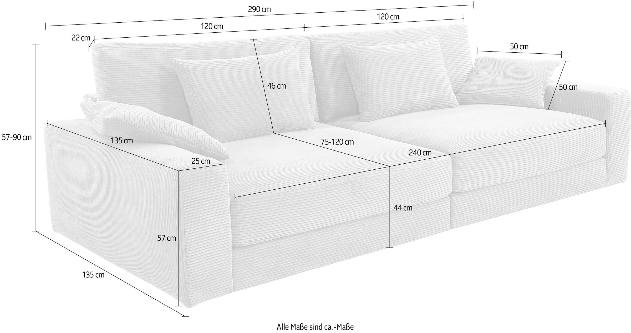 Jockenhöfer Gruppe Big-Sofa »Milano XXL, B: 290 cm« mit Zierkissen, Relaxfläche 120x240 cm, Federkern