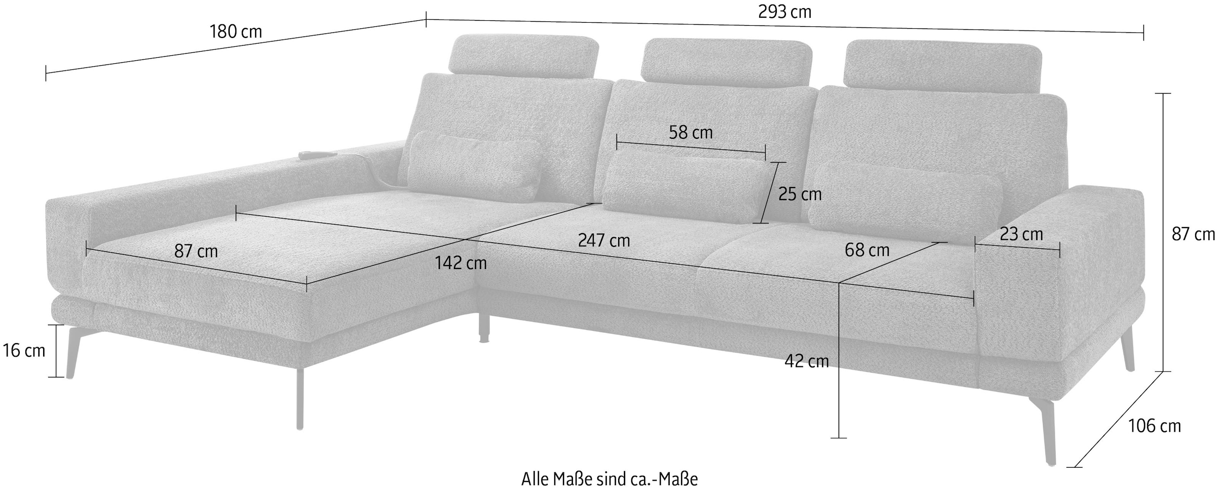 set one by Musterring Ecksofa »SO 3600, inkl motor. Sitztiefenverstellung, Kopfstützen, Nierenkissen«, Sitzhöhe 42 cm, Kaltschaum, Breite 293 x Tiefe 180 cm, Kama sand