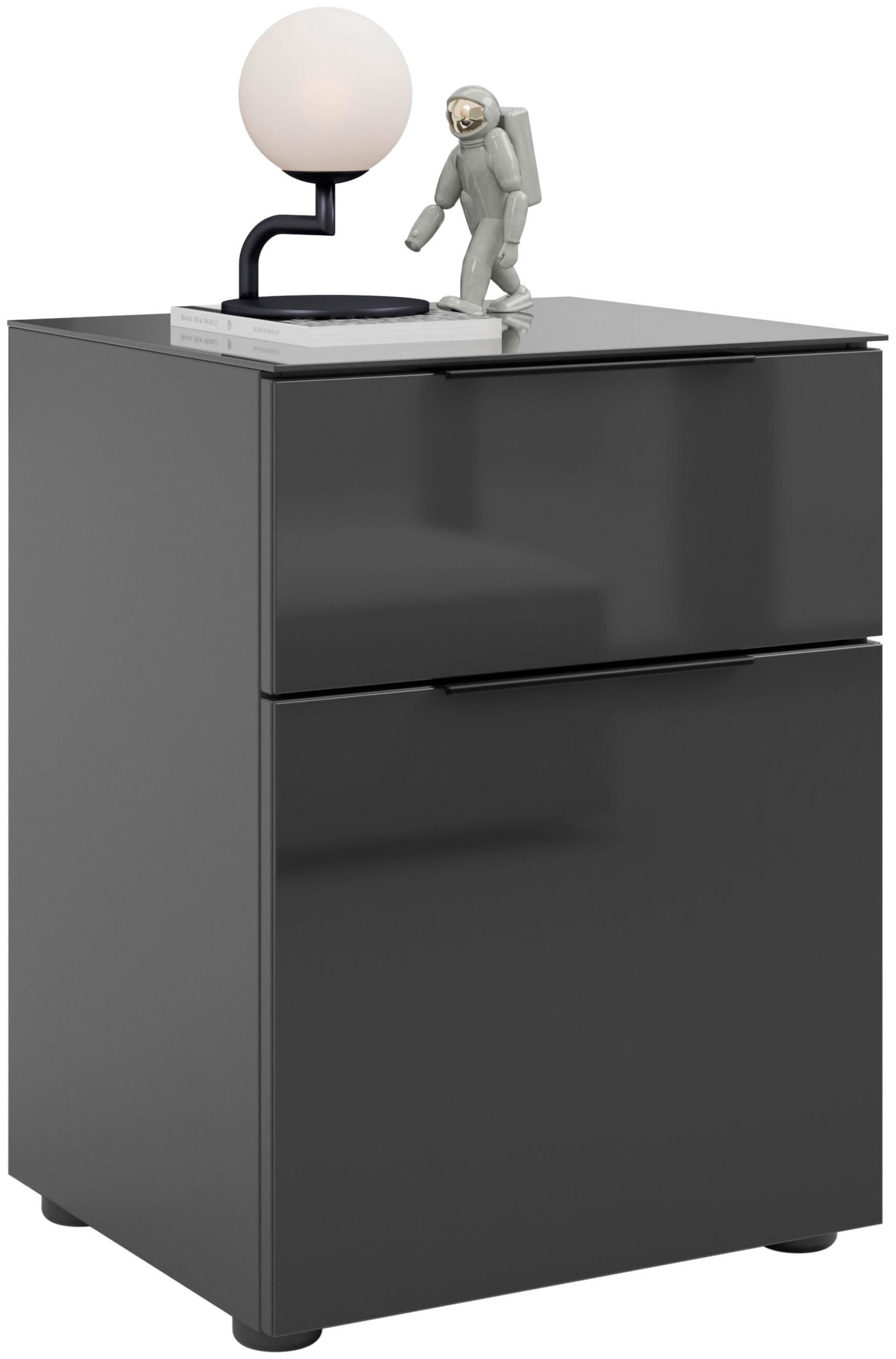 Manjana Möbel Nachtkommode »mit Chrom oder Schwarz matten Metallgriffen« mit Glasfronten, melaminbeschichtete Oberfläche, mit Vollauszug