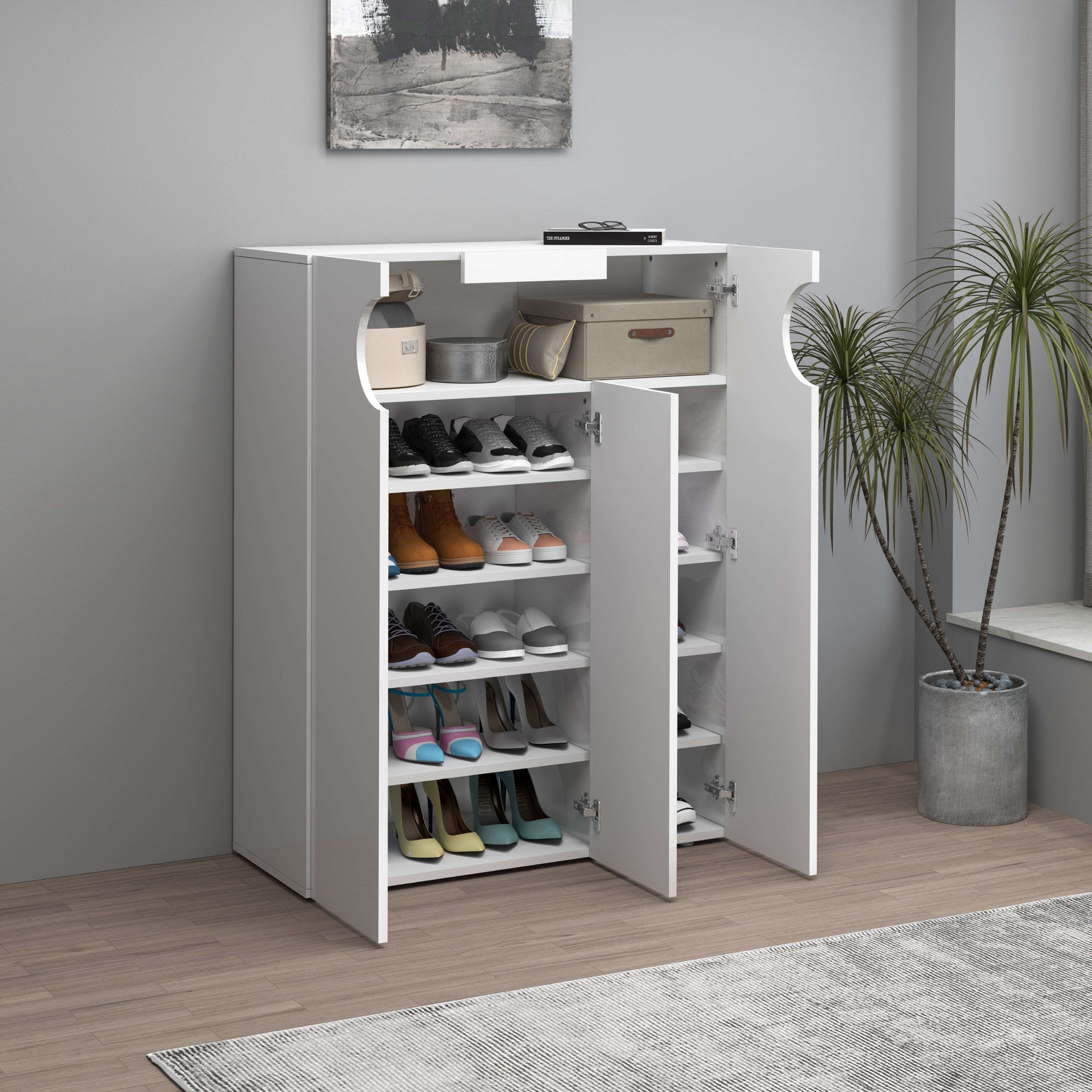 INOSIGN Schuhschrank »Real,Schuhschrank,Schuhkommode,Schuhregal,Breite 90 cm«, komplett Hochglanz lackiert, 3 Türen mit offenem Fach in ovaler Form