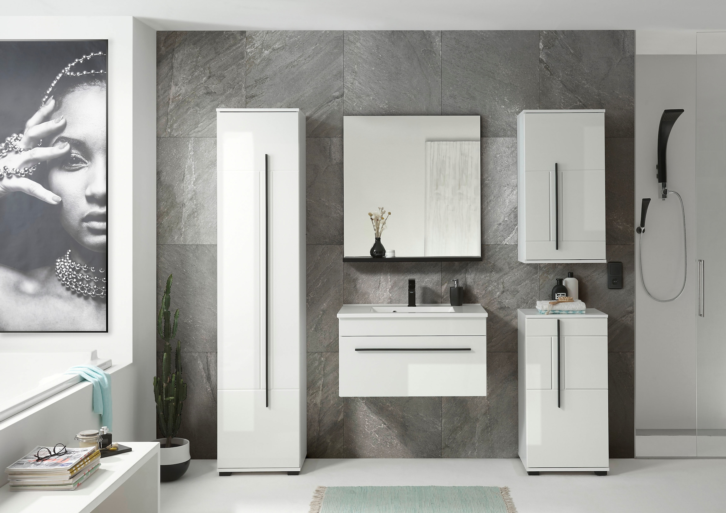 Home affaire Hochschrank »Cantara, Badschrank in Hochglanz Weiß, Hochschrank im modernen Design« mit schwarzen Griffen, ausreichend Stauraum