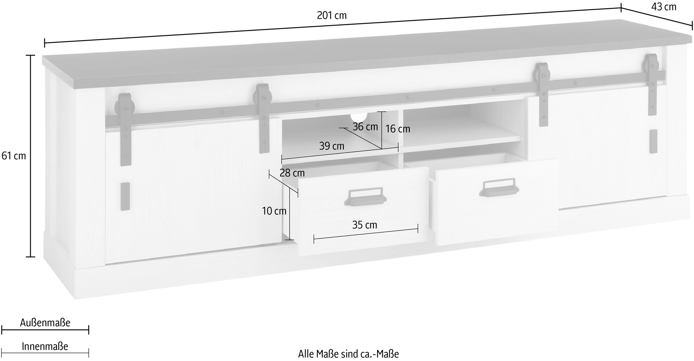 Home affaire Lowboard »SHERWOOD«, modernes Holz Dekor, mit Scheunentorbeschlag aus Metall, Breite 201 cm