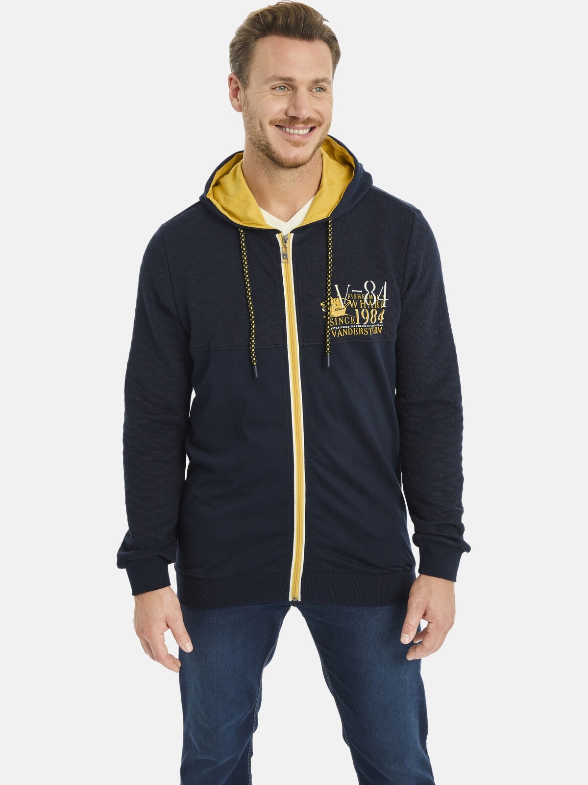 Jan Vanderstorm, Herren, Kapuzensweatjacke »Sweatjacke DAGOMAR«, dunkelblau, 3XL, dunkelblau, Sweatjacke DAGOMAR mit Strukturmuster