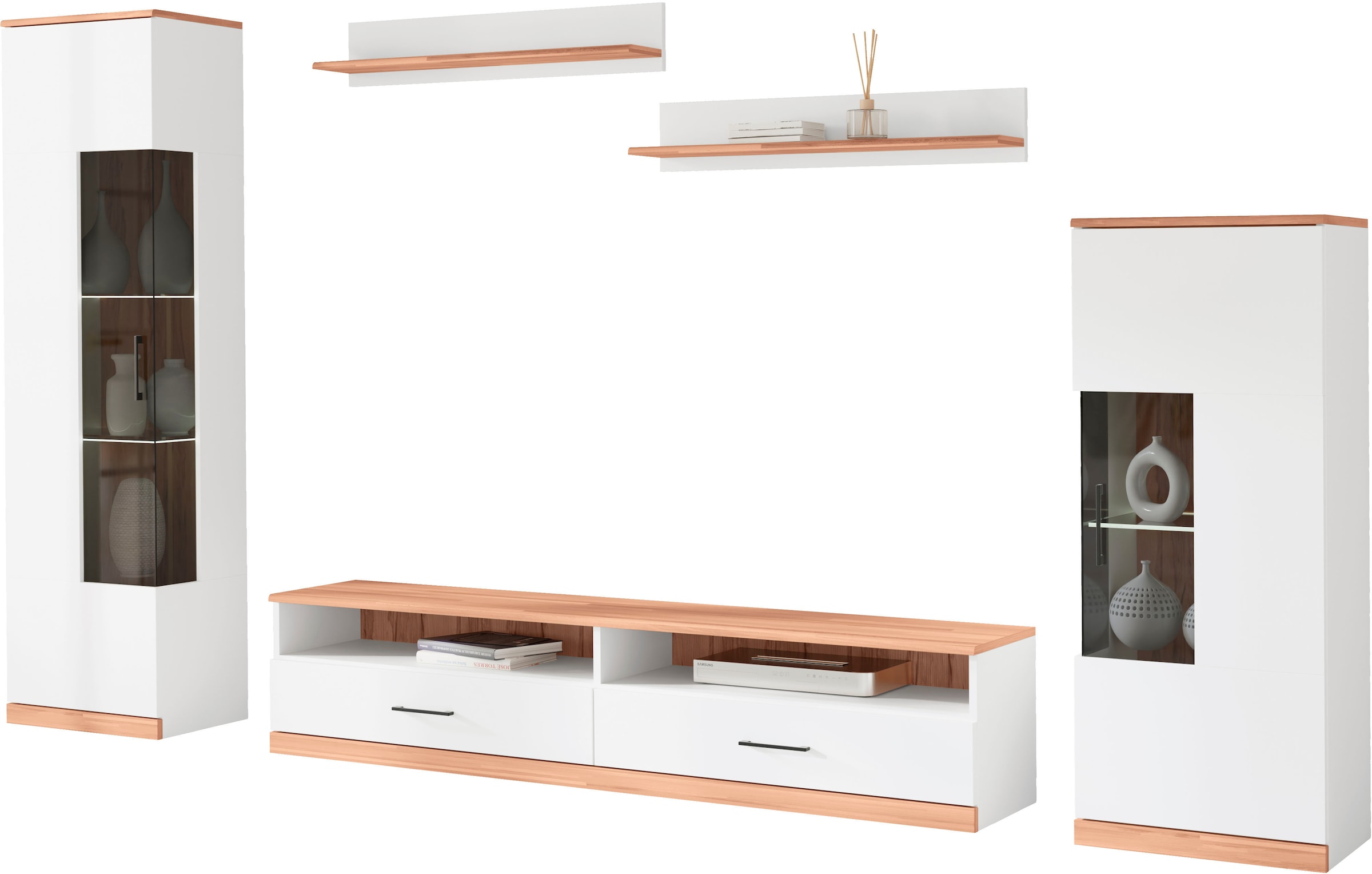 Home affaire Wohnwand »Ribe Wohnwand Set-5 St.« Set, 5 Stk. tlg. Glaseinsatz aus gehärtetem Glas,Böden teilweise versetzbar