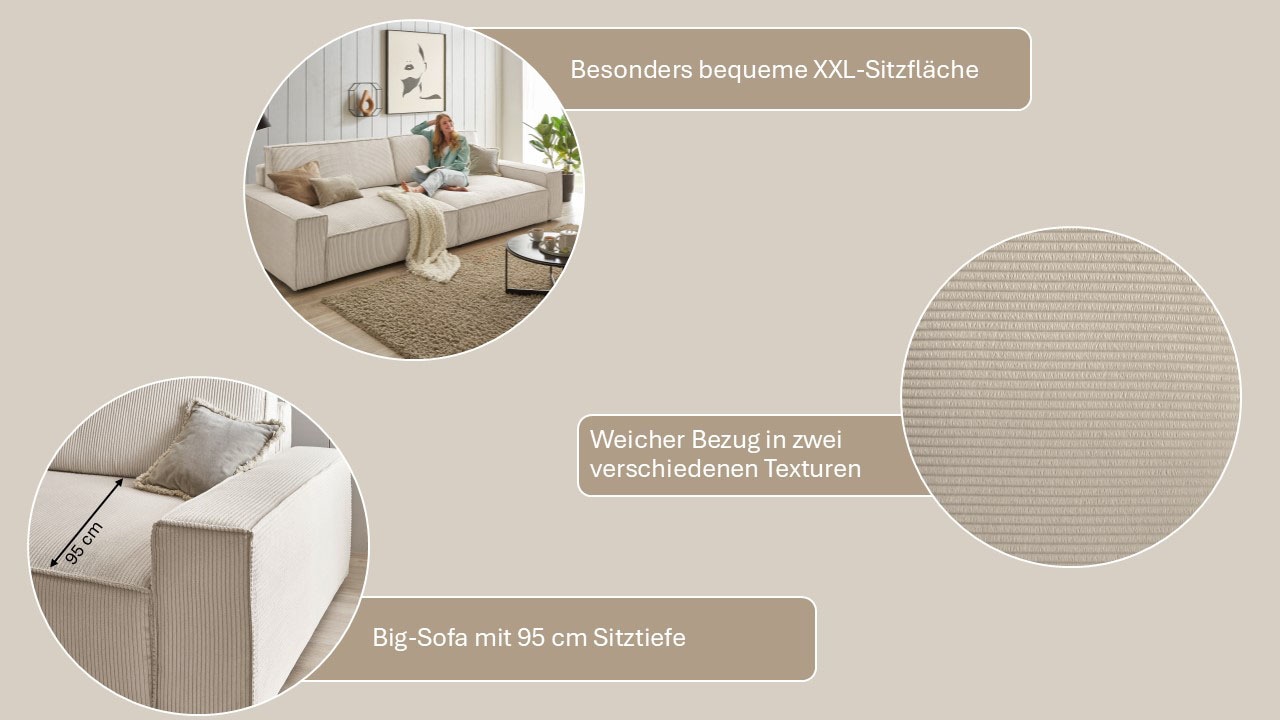 Home affaire Big-Sofa »NEU: SHERWOOD XXL, Big-Sofa (316cm), extra tiefe Sitzfläche 95 cm«, bequemer Sitzkomfort, Cord u. Leinenoptik, Kedernaht