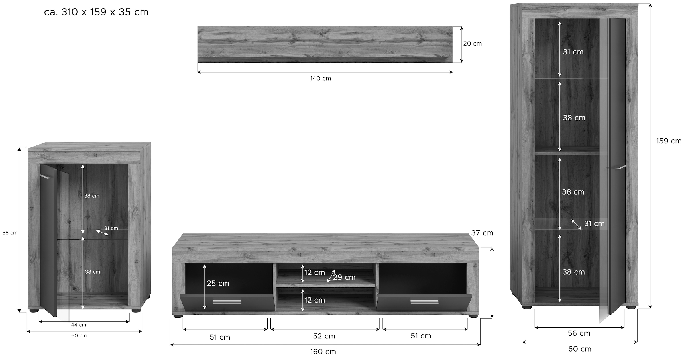 Home affaire Wohnwand »Aosta,  4-tlg., best. aus: Vitrine, Lowboard, Wandboard & Vitrine hoch« 4 Stk. tlg.