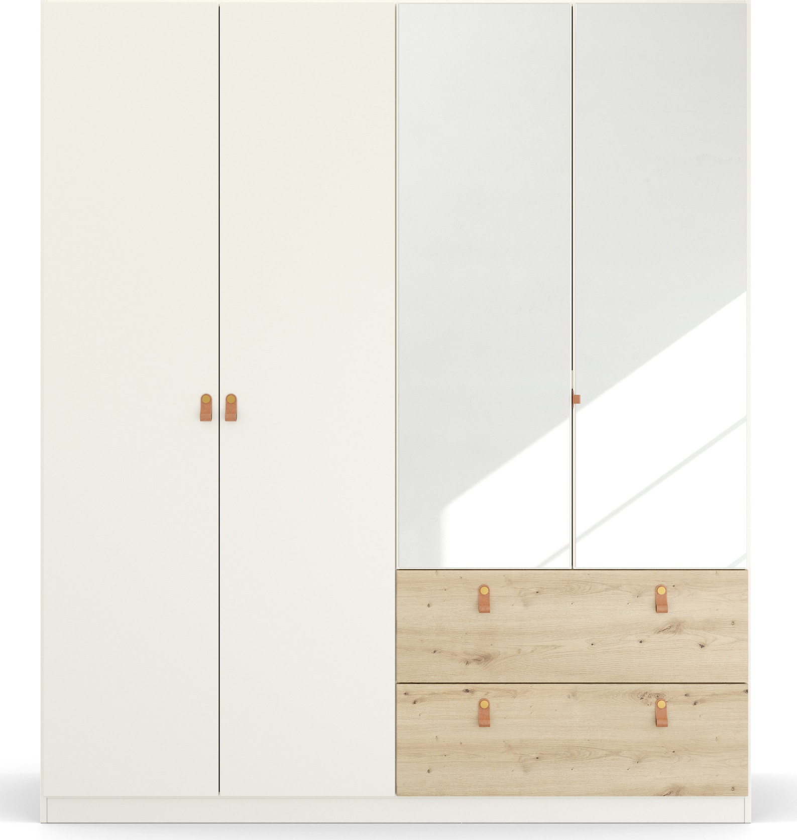 rauch Drehtürenschrank »Homey by Quadra Spin« mit cognacbraunen Ledergrifflaschen, Schubladen in Eichen-Dekor