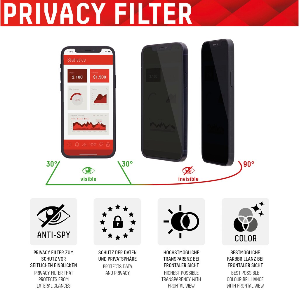 Displex Displayschutzfolie »DISPLEX Privacy Panzerglas (10H) für Apple iPhone 13 mini, Eco-Montagerahmen, Privacy Filter, Tempered Glas, kratzer-resistente Schutzfolie, hüllenfreundlich«