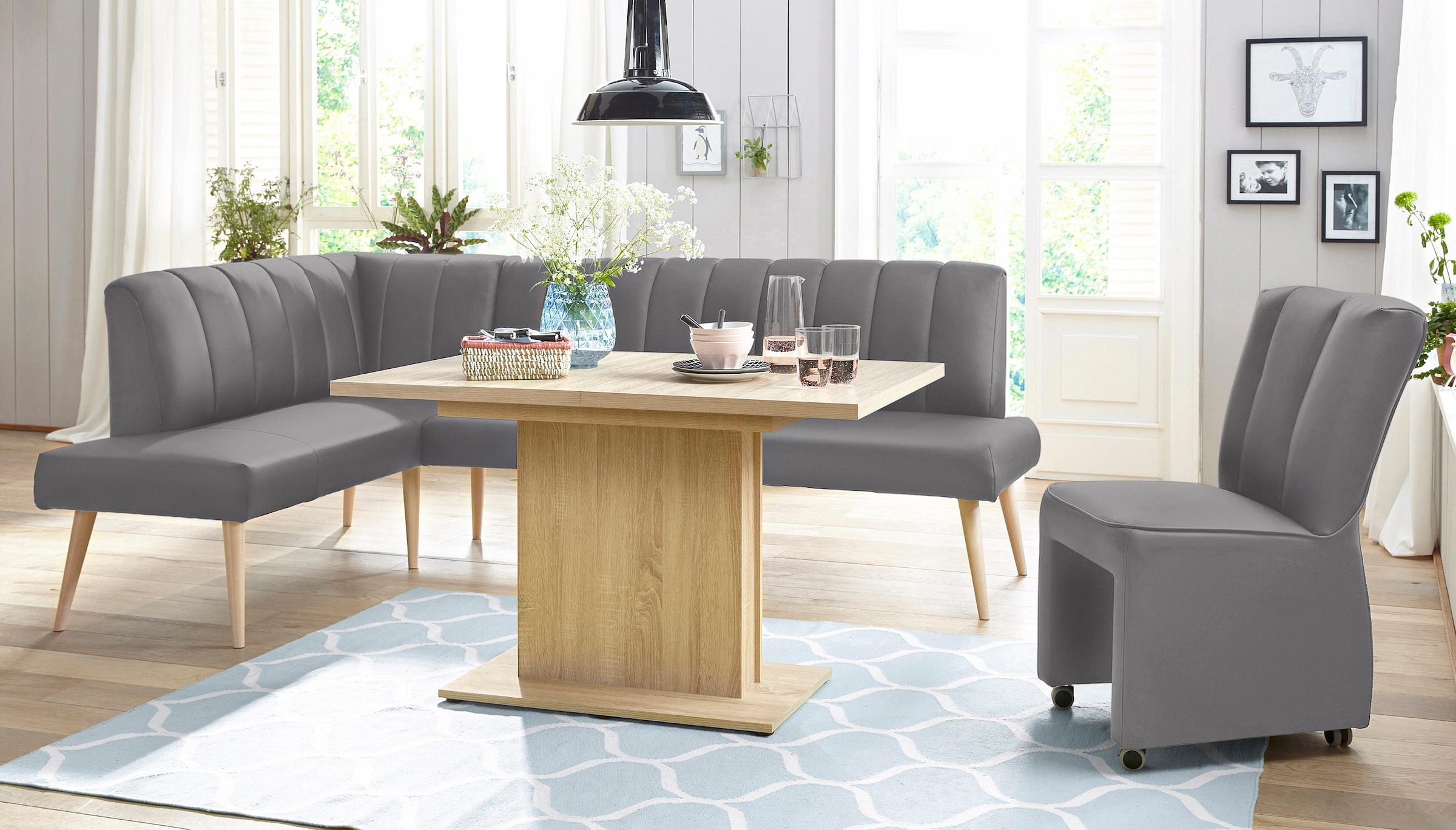 exxpo - sofa fashion Eckbank »Costa, moderne Rückensteppung, bequem und elegant, hoher Holzfuß«, hochwertig verarbeitet, Frei im Raum stellbar