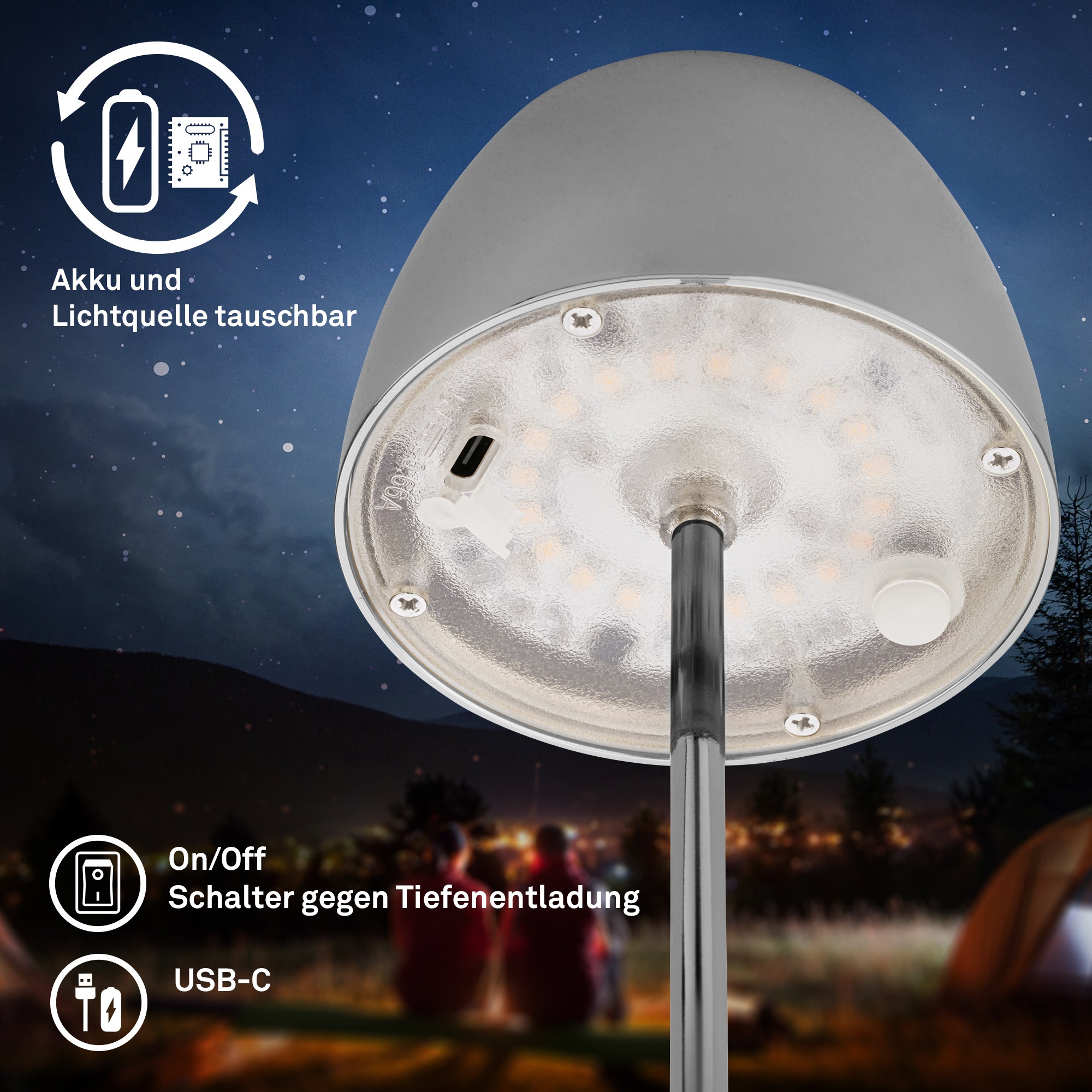 Briloner Leuchten LED Außen-Tischleuchte »SERINA MINI« LED-Modul 2 Stk. Warmweiß kabellos 20 x 8 cm Chromfarben 2,5W Wohnzimmer Schlafzimmer 2er-Set