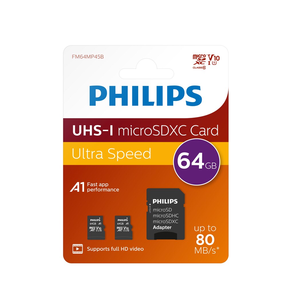 Philips Speicherkarte »MicroSDXC UHS-I CL10 U1 2er Pack 64GB«, (UHS-I Class 10 80 MB/s Lesegeschwindigkeit)