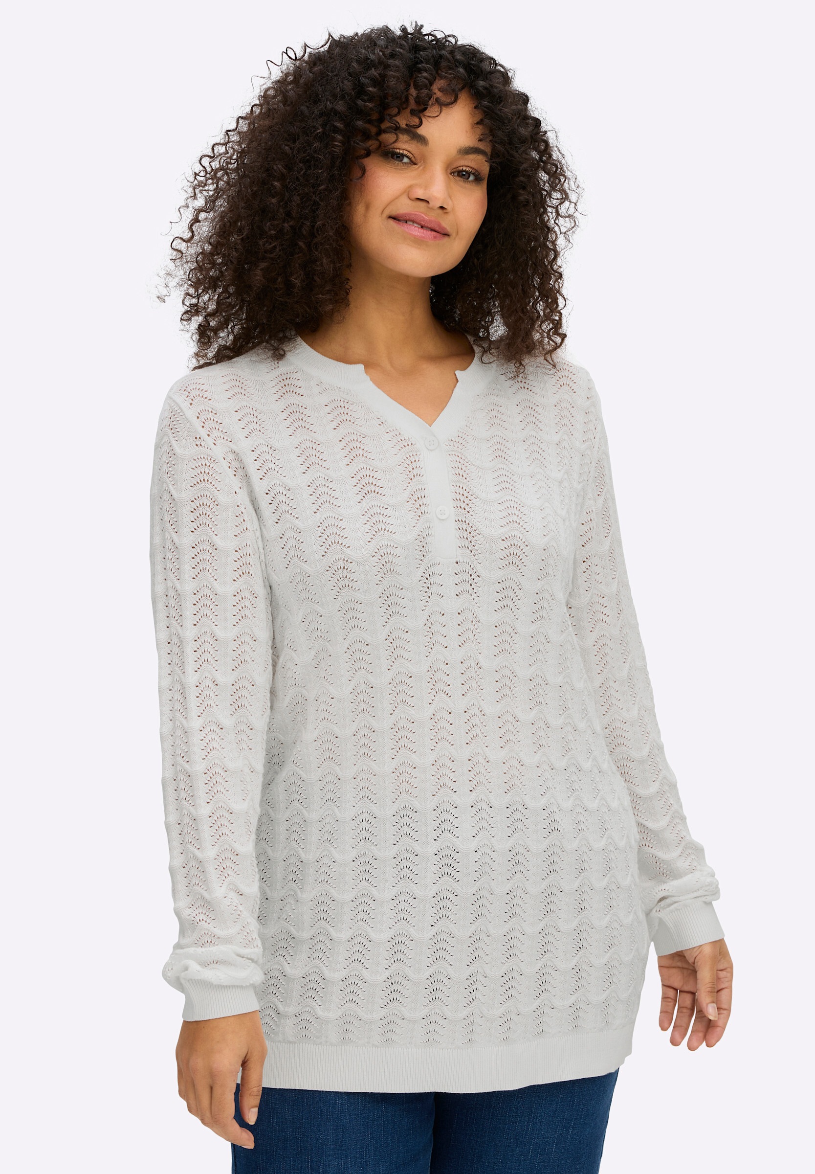 Sheego Strickpullover »Pullover Ajourpullover mit kurzer Knopfleiste«