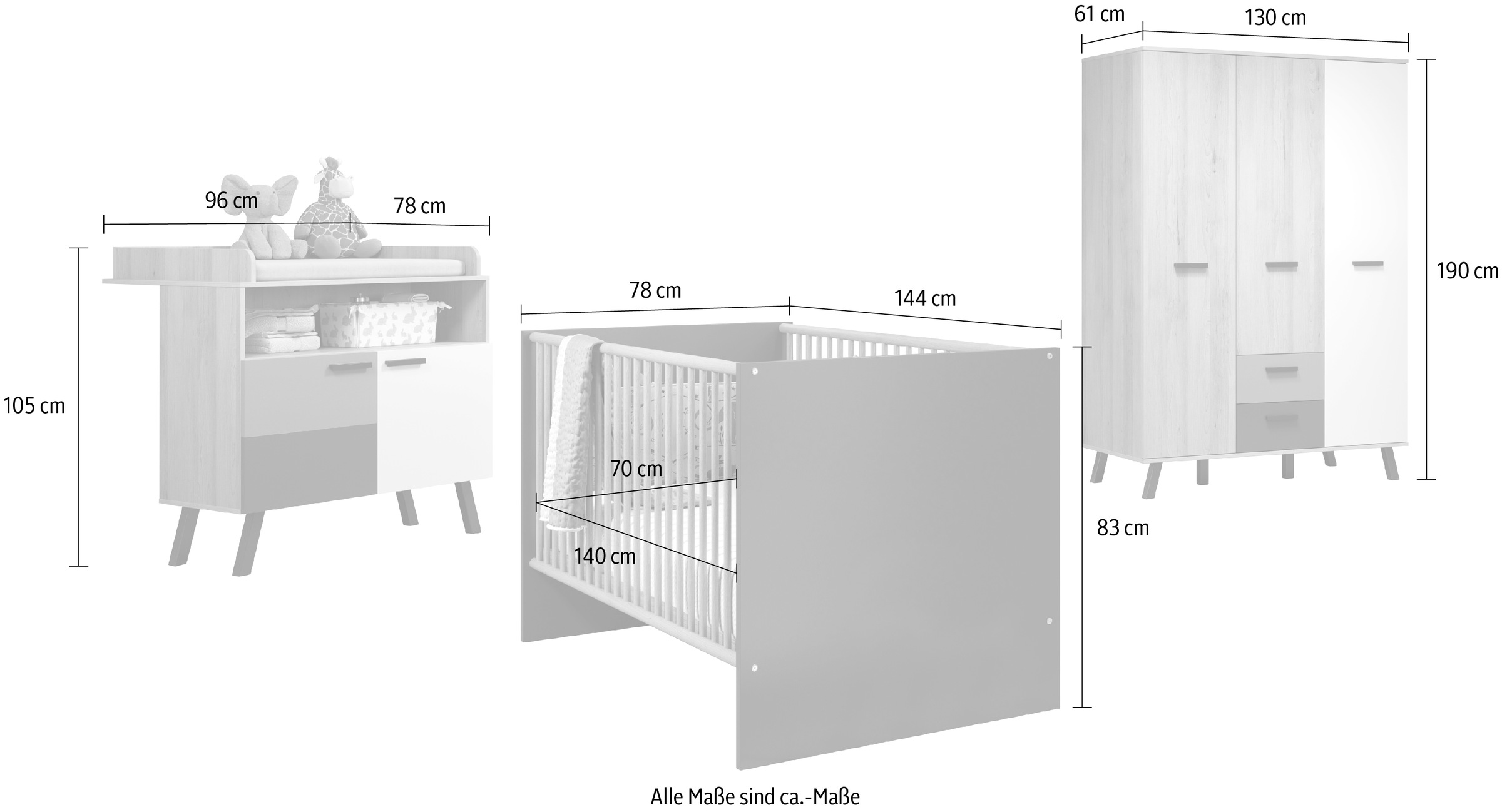 trendteam Babymöbel-Set »Mats«, (Set, 3 tlg., Bett, Wickelkommode, Schrank)