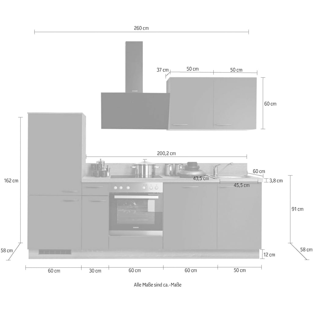 Kochstation Küchenzeile »KS-Scafa, vormontiert, mit höhenverstellbaren Füßen«, vormontiert, wahlweise mit E-Geräten, mit Soft-Close, Breite 260 cm