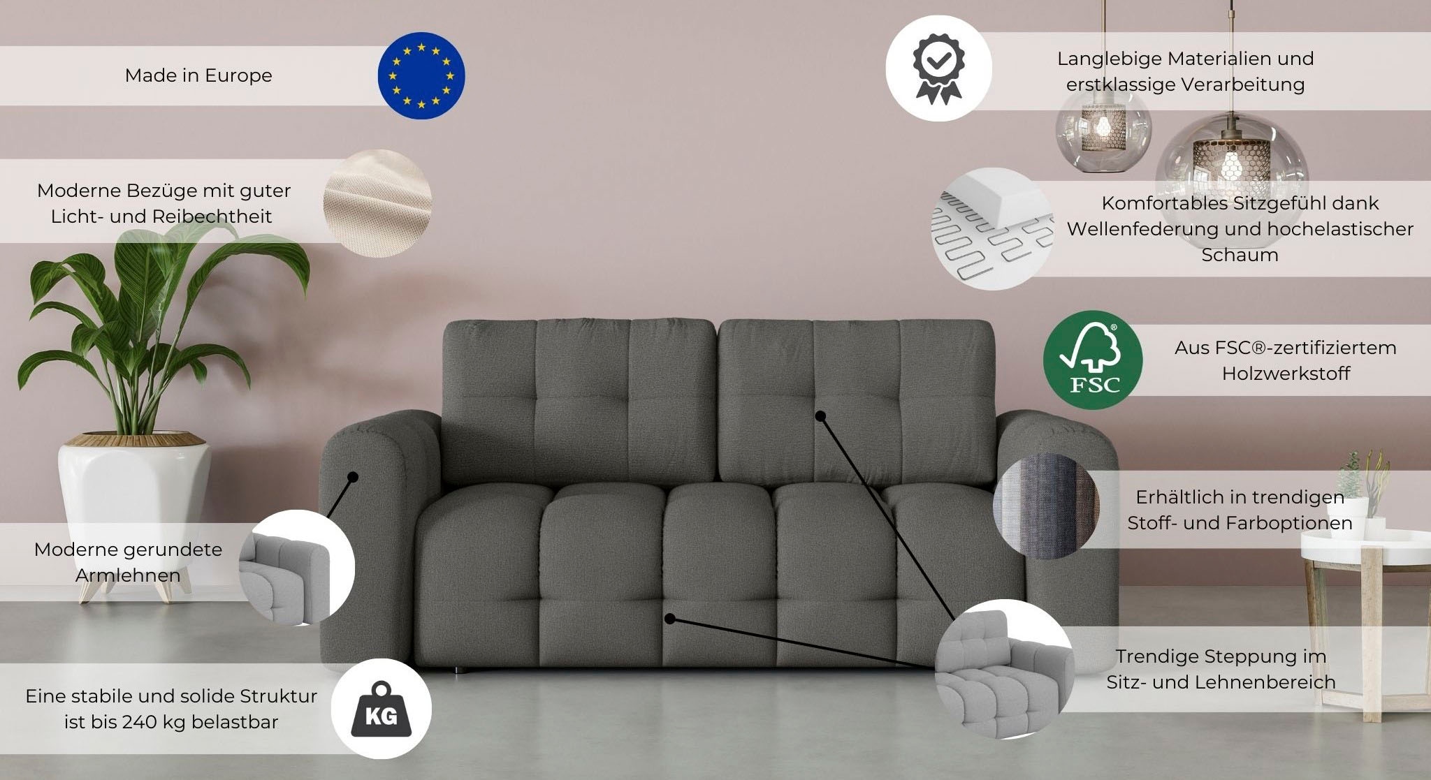 OTTO home 2-Sitzer »Manilla, trendige Steppung, 2 Rückenkissen, B/T/H 195/107/91 cm« mit Wellenunterfederung, in verschiedenen Materialien und Farben