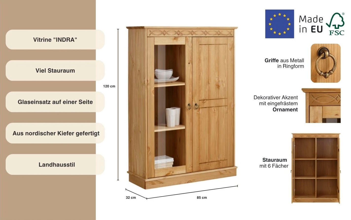 OTTO home Highboard »Indra« Vitrine, Breite 85 cm, aus massiver Kiefer
