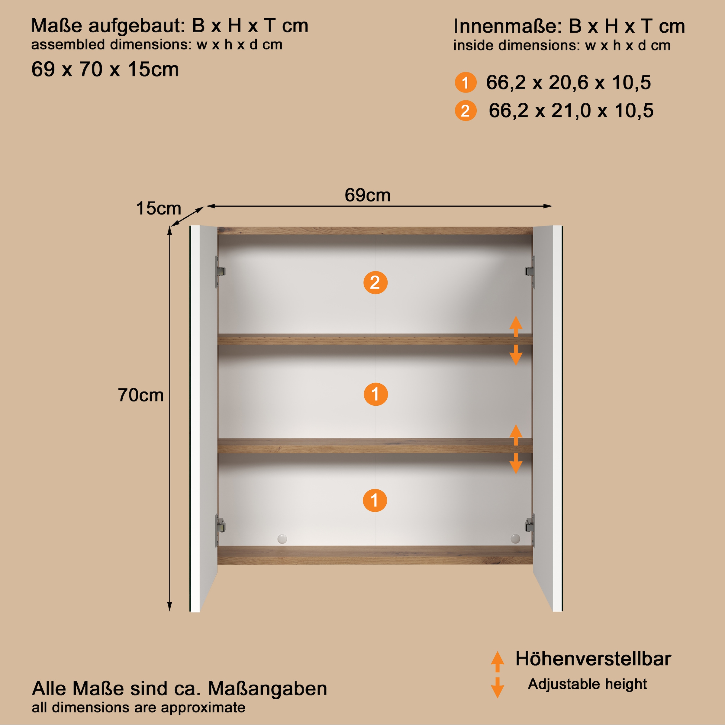 PLACES OF STYLE Spiegelschrank »Tarragona« 1 Stk. tlg. Spiegelschrank mit 2 Türen & 2 Böden - (B/T/H) 69/15/70 cm