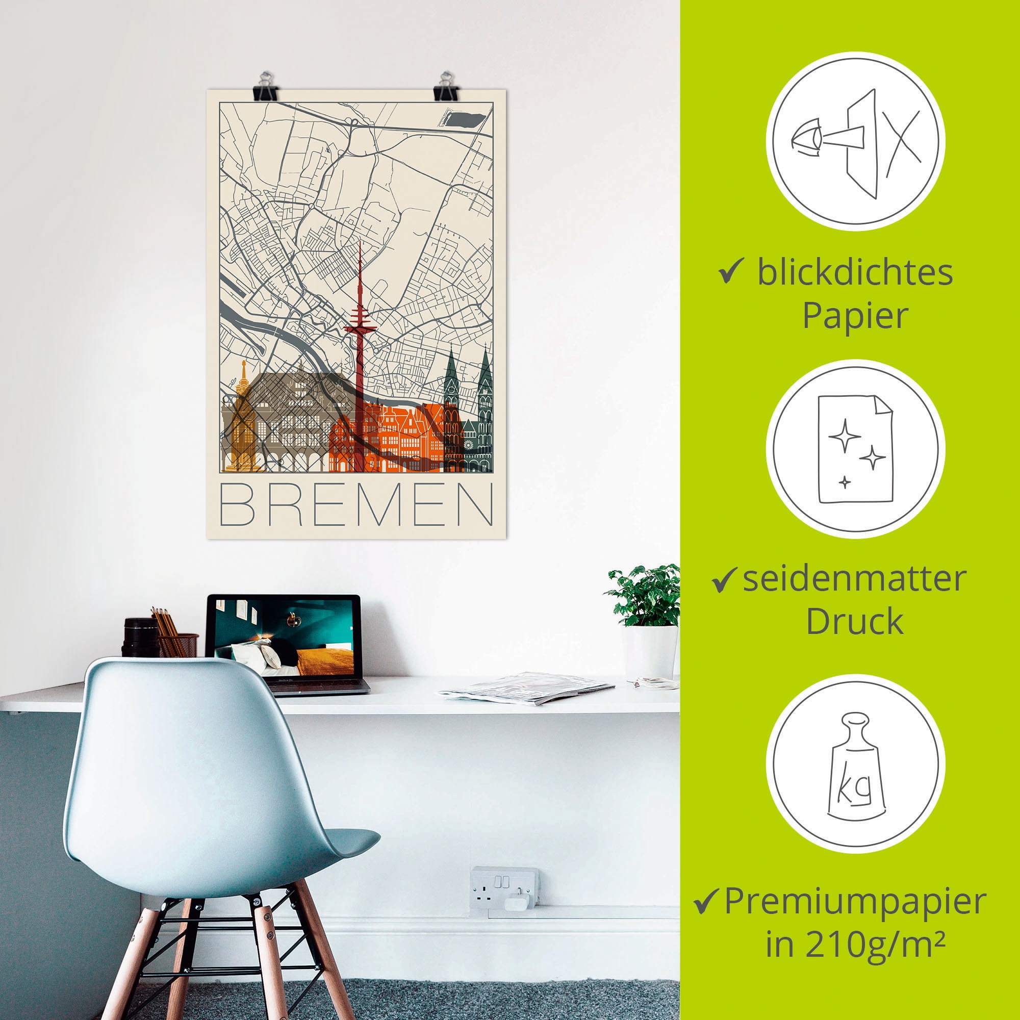 Artland Wandbild »Retro Karte Bremen«, Deutschland, (1 St.), als Alubild, Outdoorbild, Poster in verschied. Größen
