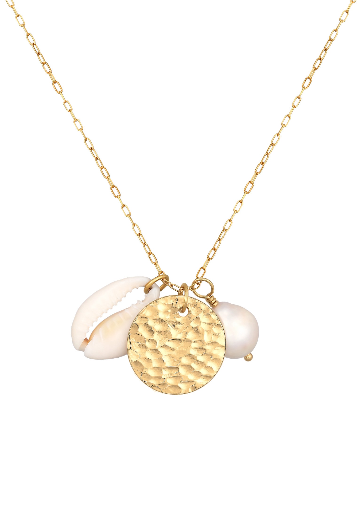Elli Premium Lange Kette »Halskette Kauri Muschel Plättchen Süßwasserperle 925 Silber«