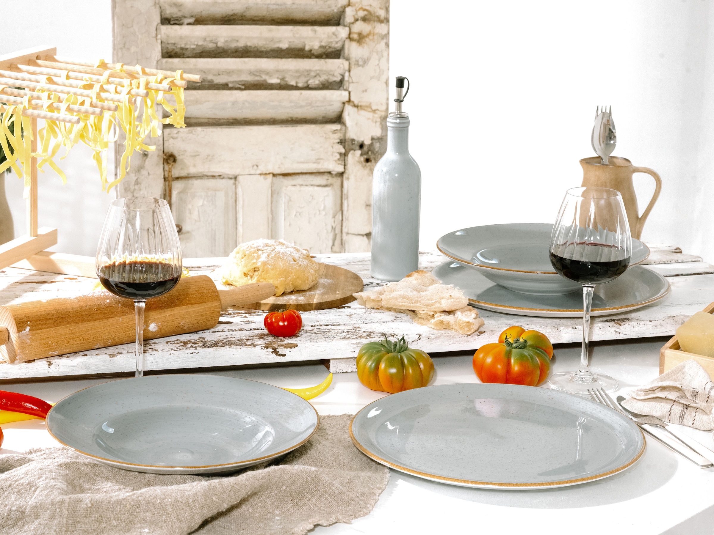 CreaTable Pizzateller »Vintage Nature, Pizzateller 33 cm 4-tlg« Teller Set, Handgemalt, Gesprenkelt, Rustikales Außenband