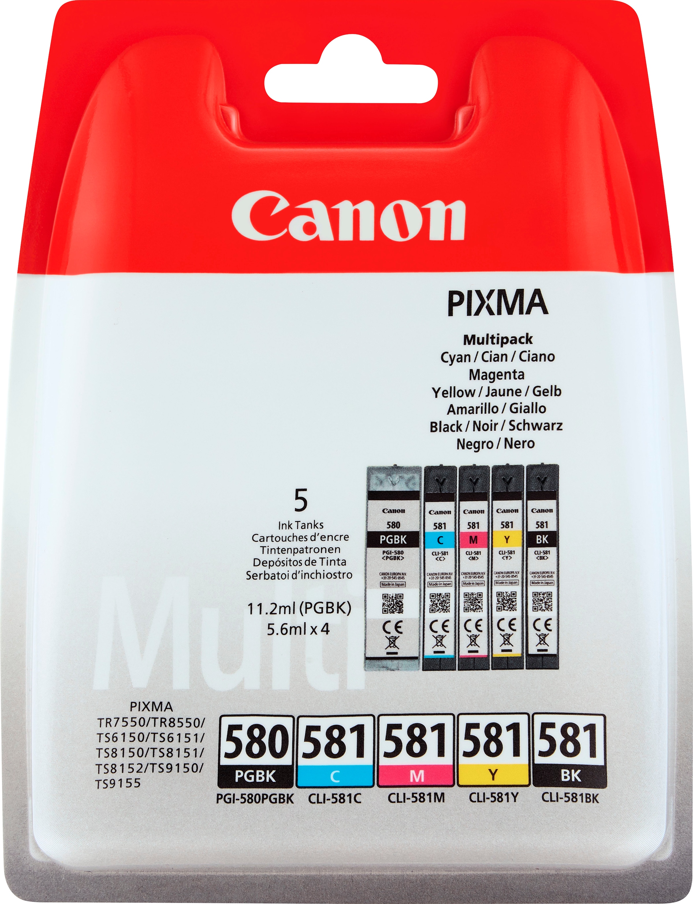 Canon Tintenpatrone »PGI-580BK/CLI-581 BK/C/M/Y Pigment- und Farbstofftinte Multipack«, (Packung, 5 St.)