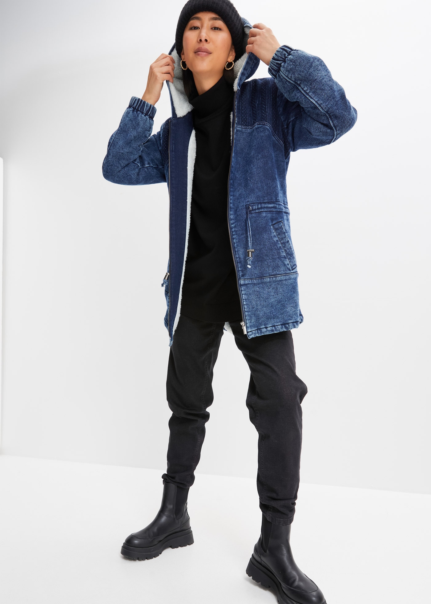 bonprix Parka mit Kapuze Jeans-Parka mit Teddyfell