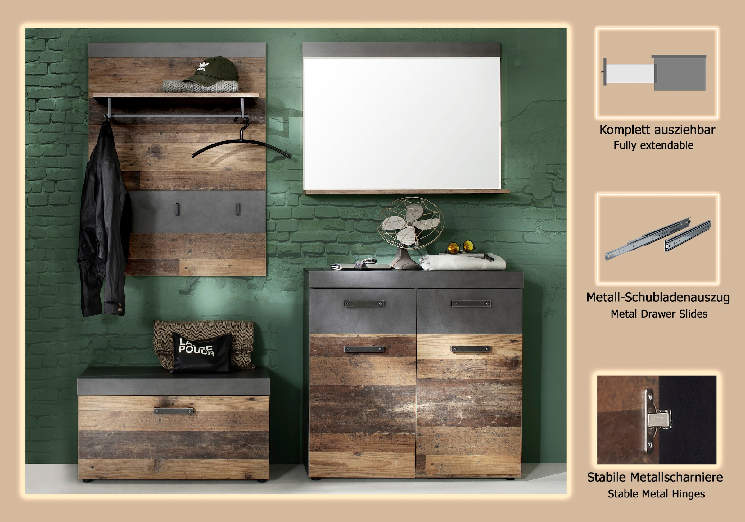 INOSIGN Garderoben-Set »Ilana« Set, 4 Stk. tlg. Garderobenmöbel im modernen Industrial Style mit antikfarbenen Griffen